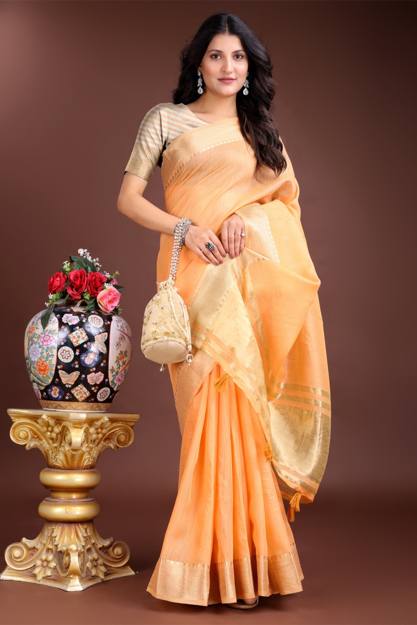 Buy MySilkLove Beer Orange Woven Cotton Saree Online