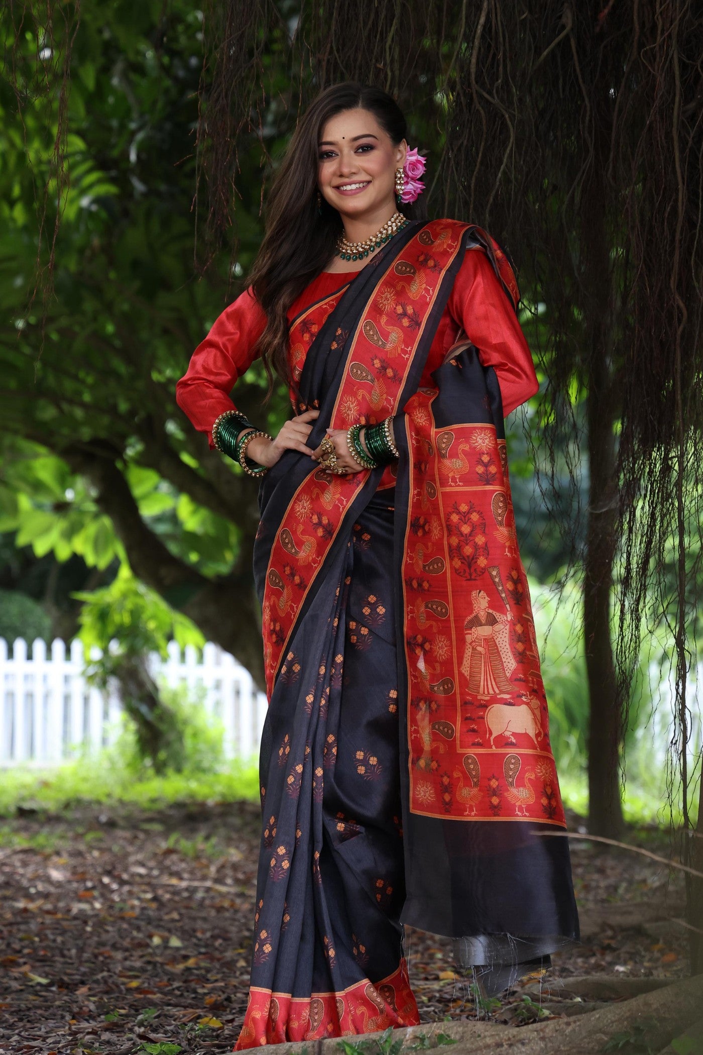 Buy MySilkLove Stone Black Madhubani Tussar Printed Silk Saree Online
