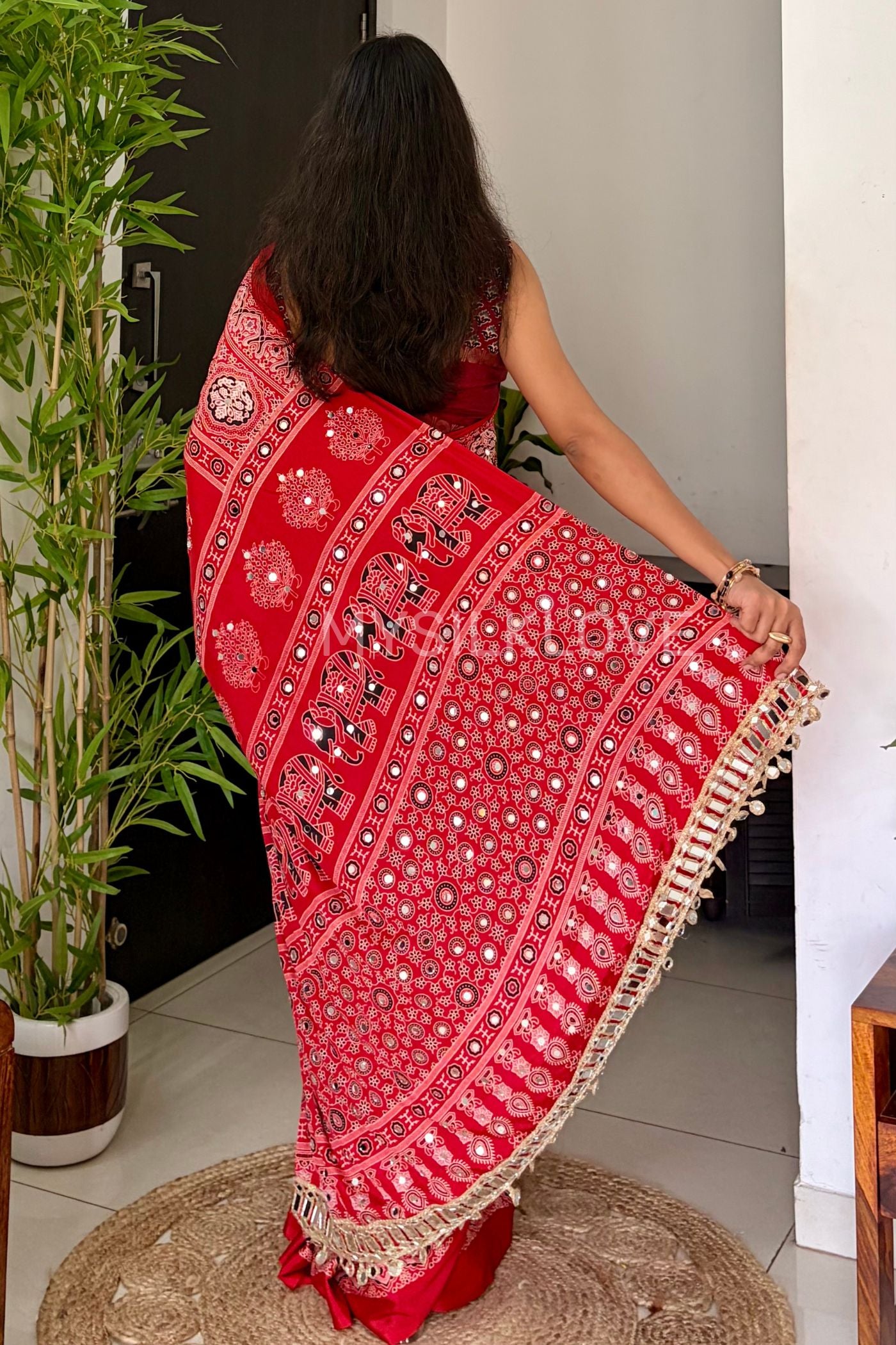 Buy MySilkLove Jam Red Ajrakh Satin Printed Mirror Work Saree Online