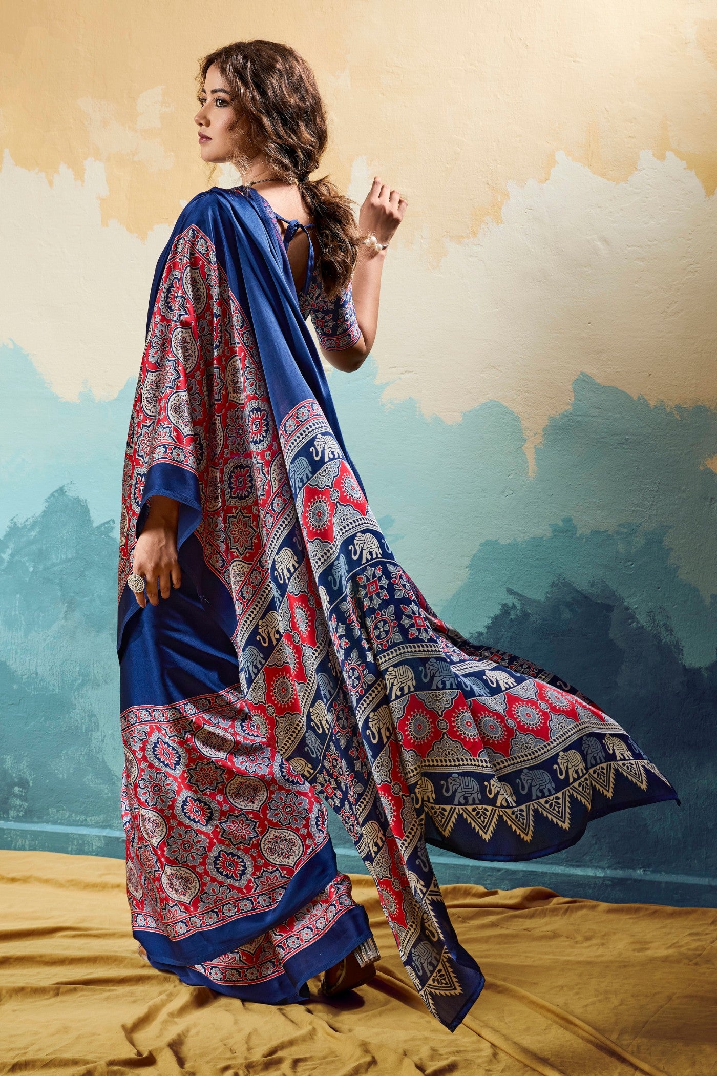 Buy MySilkLove Cloudy Blue Modal Ajrakh Satin Printed Silk Saree Online