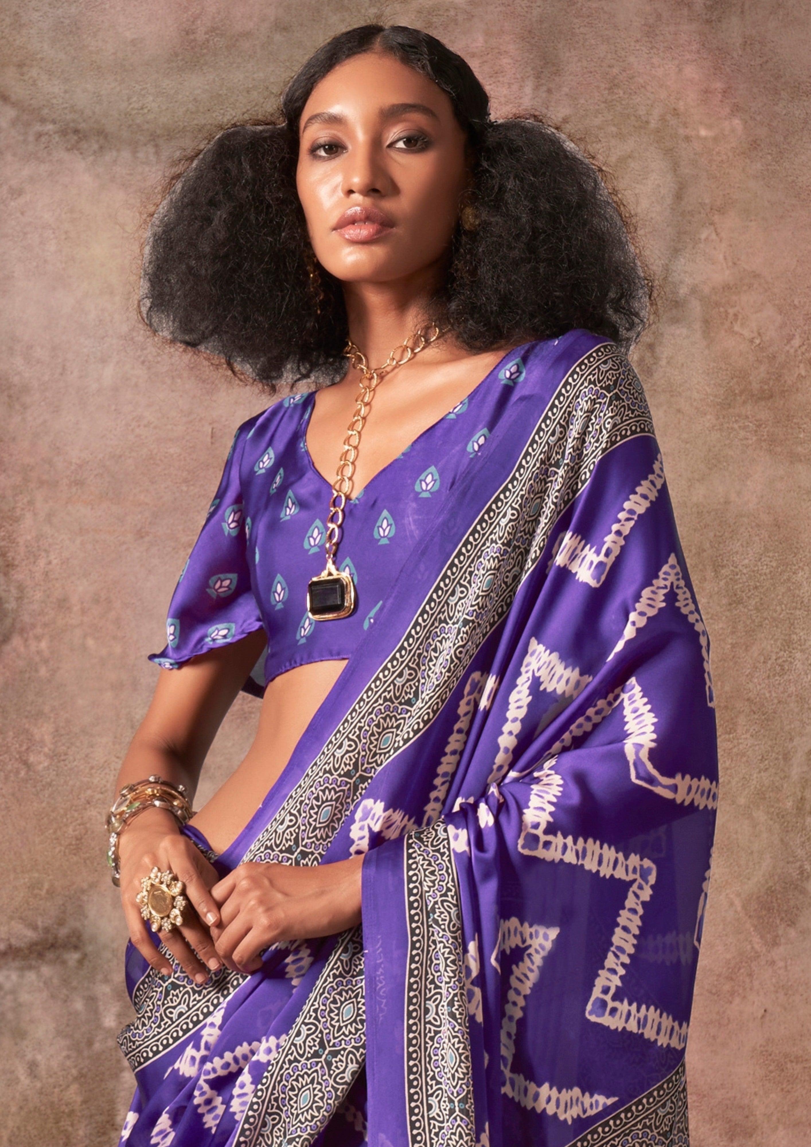 Buy MySilkLove Heliotrope Purple Ajrakh Printed Satin Georgette Silk Saree Online