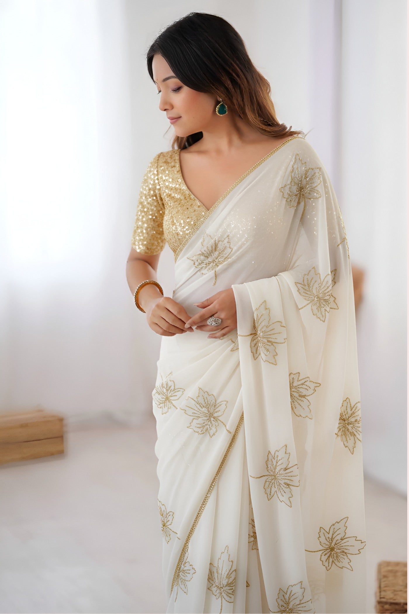 Buy MySilkLove Lily White Designer Embroidery Partywear Saree Online