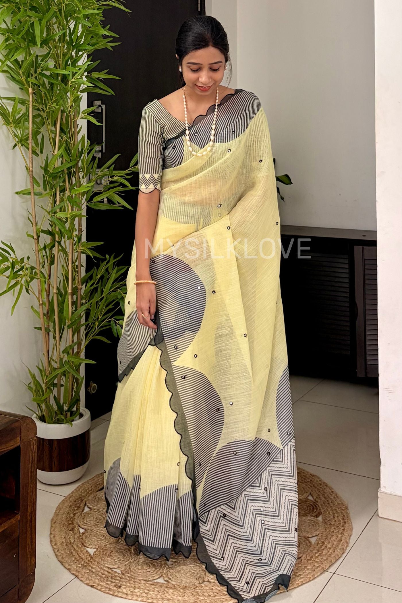 Buy MySilkLove Canary Yellow Linen Cotton Digital Printed Saree Online