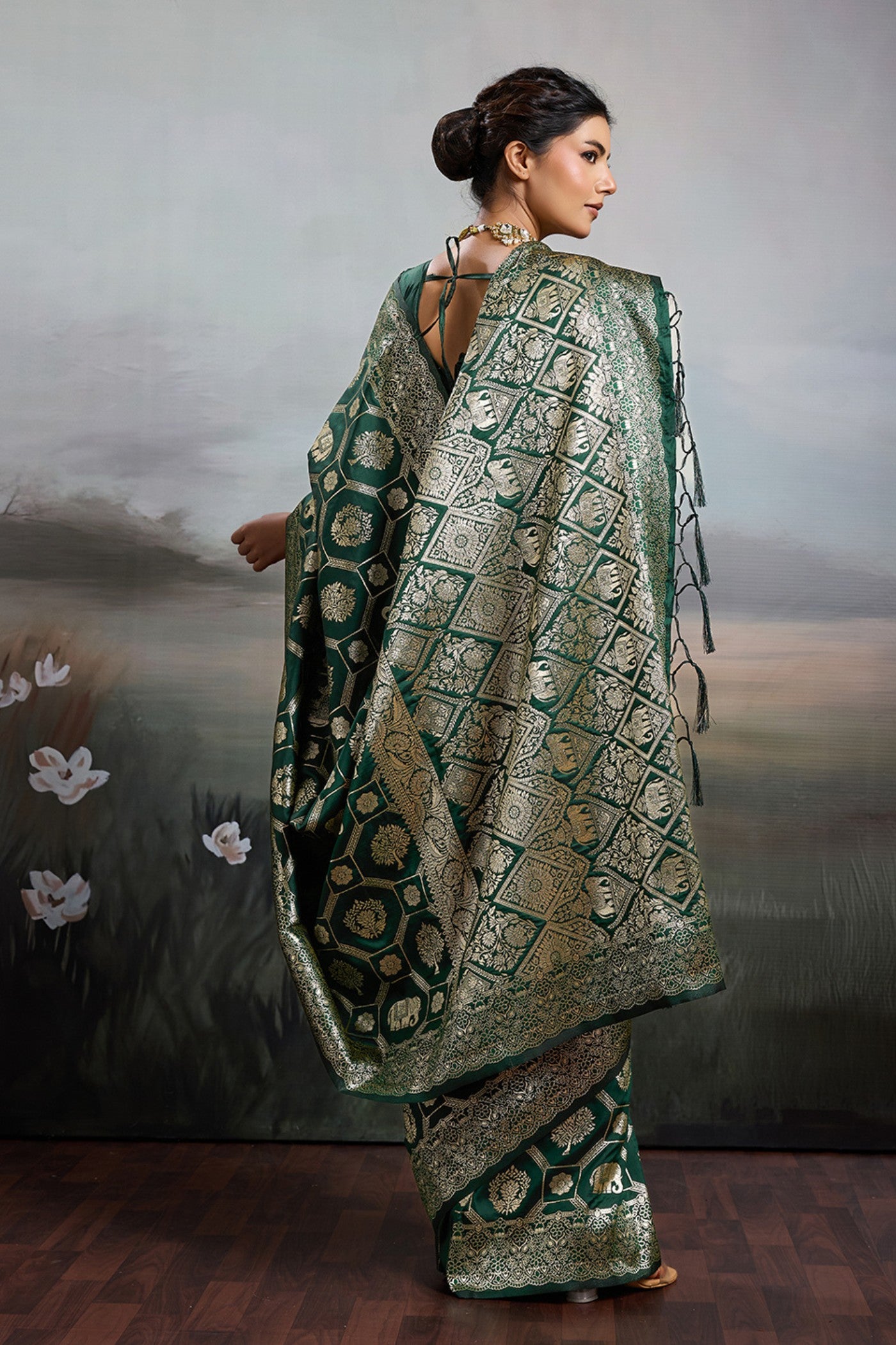 Buy MySilkLove Bottle Green Woven Banarasi Soft Silk Saree Online
