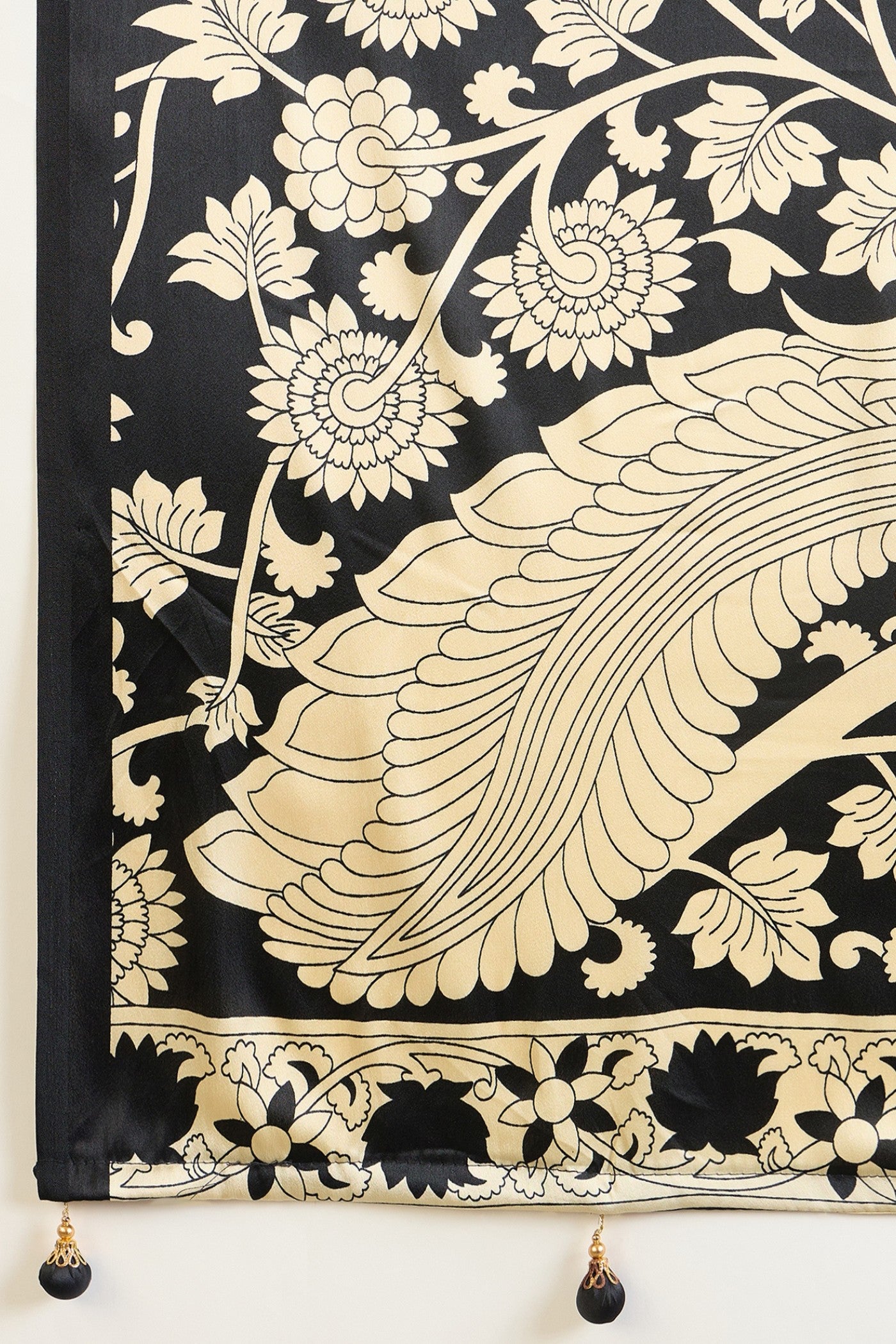 Buy MySilkLove Crow Black and Cream Kalamkari Printed Satin Silk Saree Online