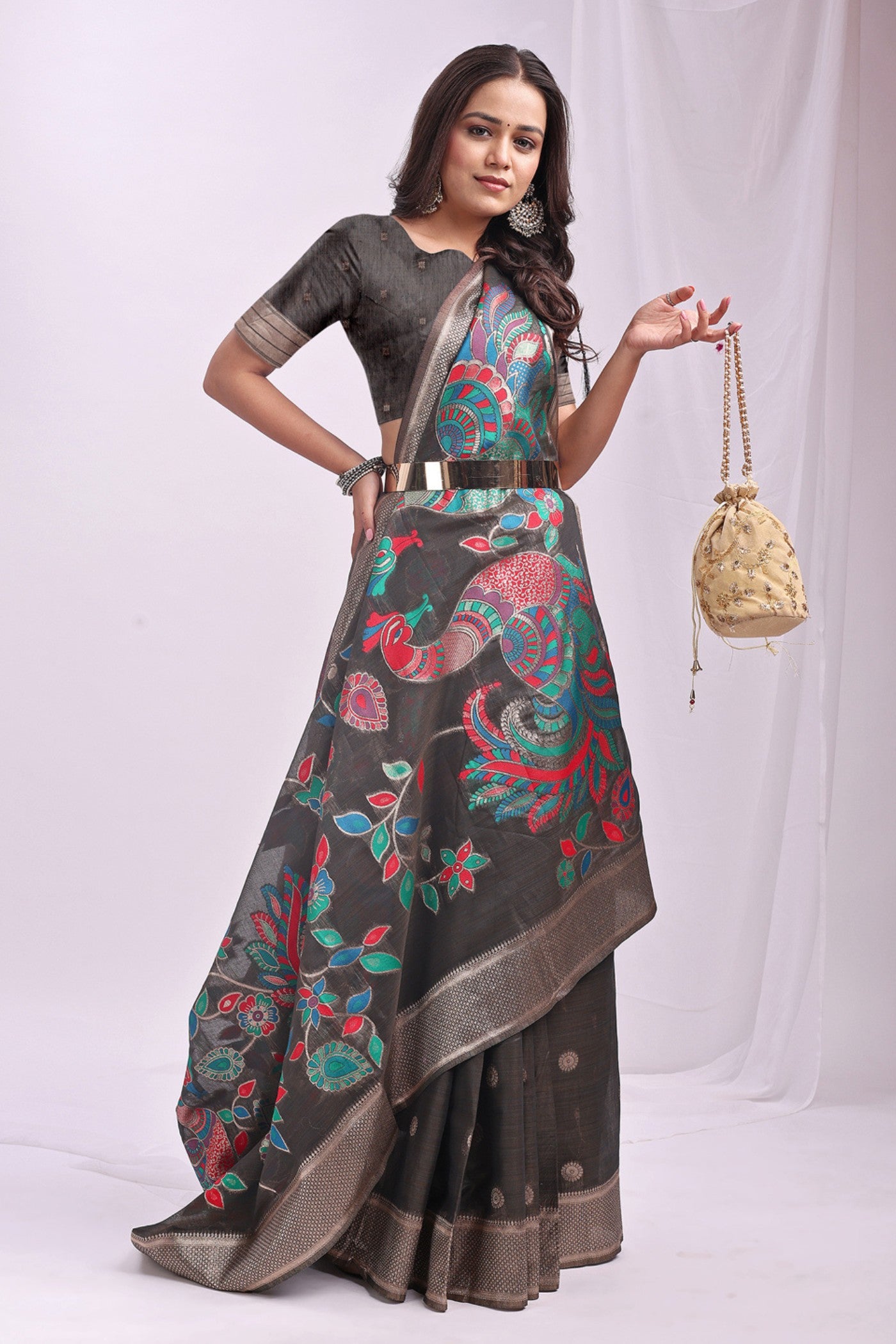 Buy MySilkLove Cloudy Grey Woven Linen Cotton Saree Online