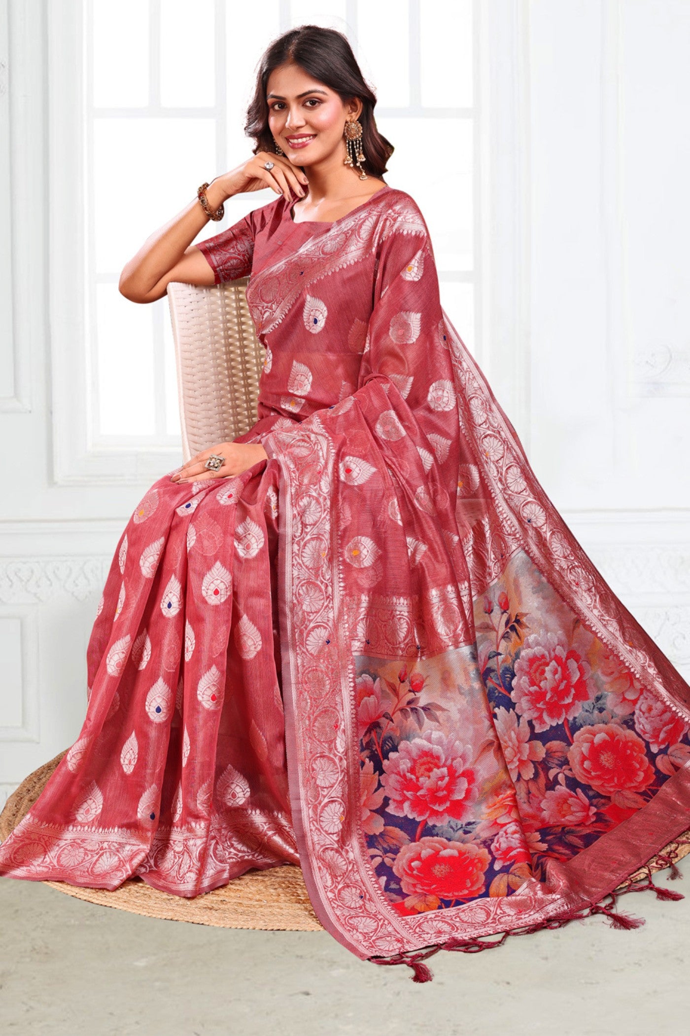Buy MySilkLove Rust Brown Woven Linen Cotton Saree Online