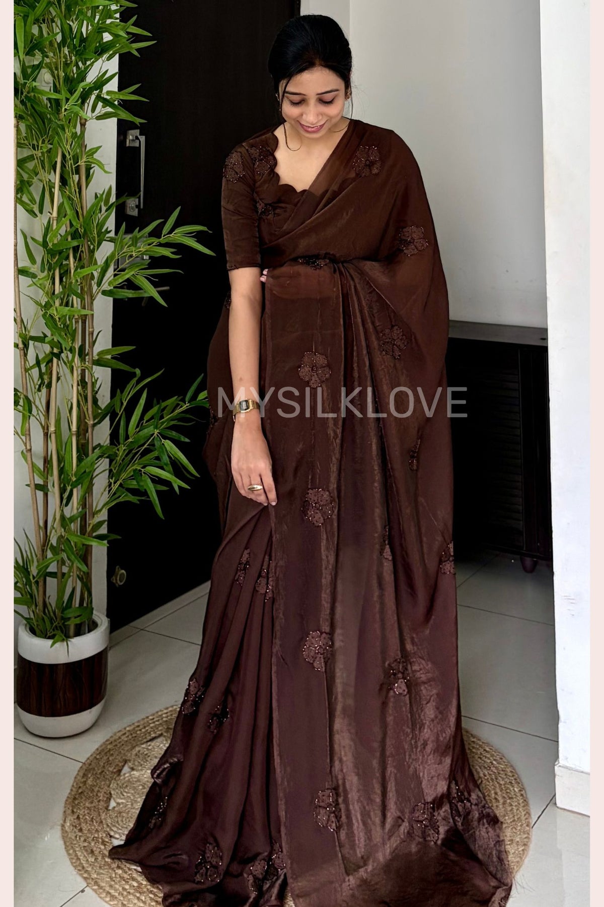 Buy MySilkLove Chocolate Brown Designer Sequin Embroidery Work Saree Without Blouse Online