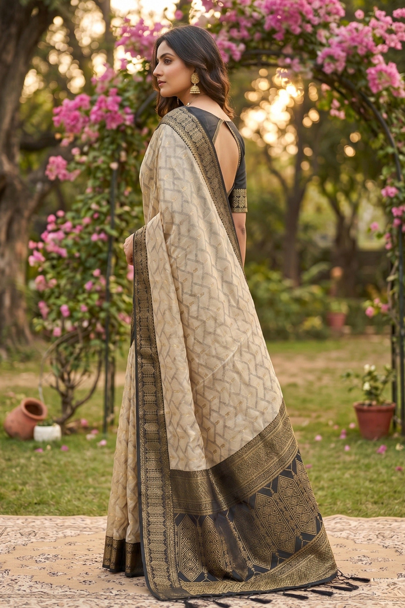 Buy MySilkLove Dust Cream and Black Woven Banarasi Cotton Saree Online