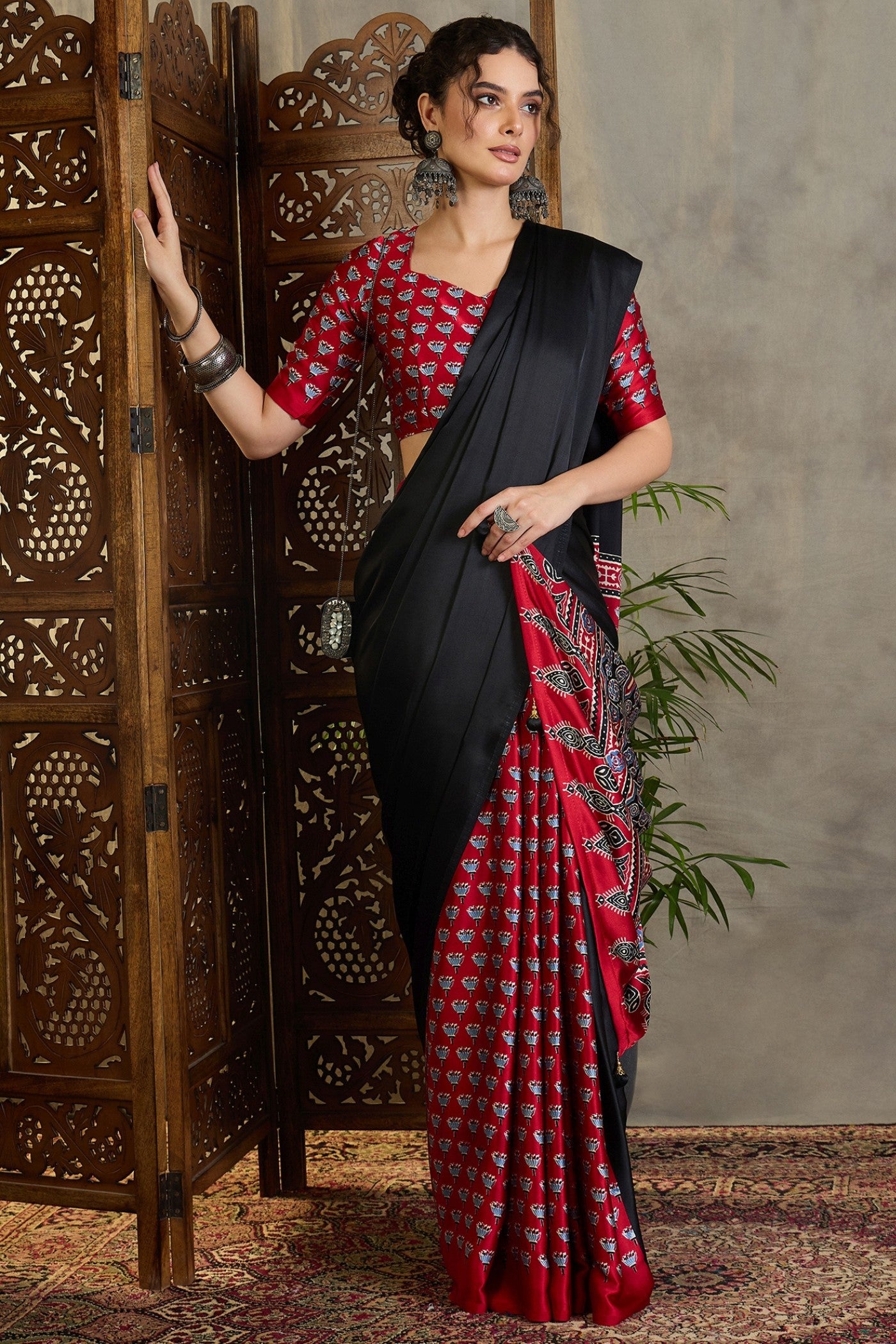 Buy MySilkLove Mini Black and Red Ajrakh Printed Satin Crepe Silk Saree Online