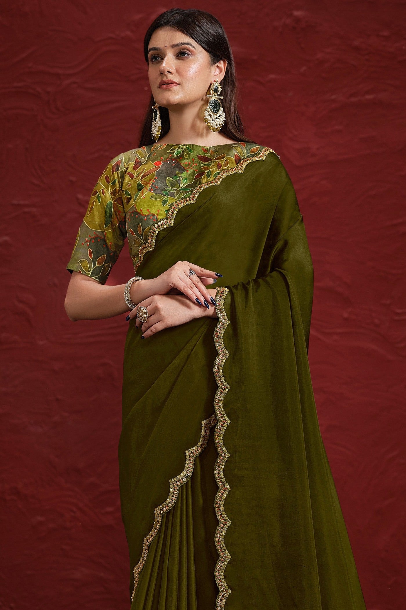 Buy MySilkLove Verdun Green Georgette Saree with Stitched Blouse Online