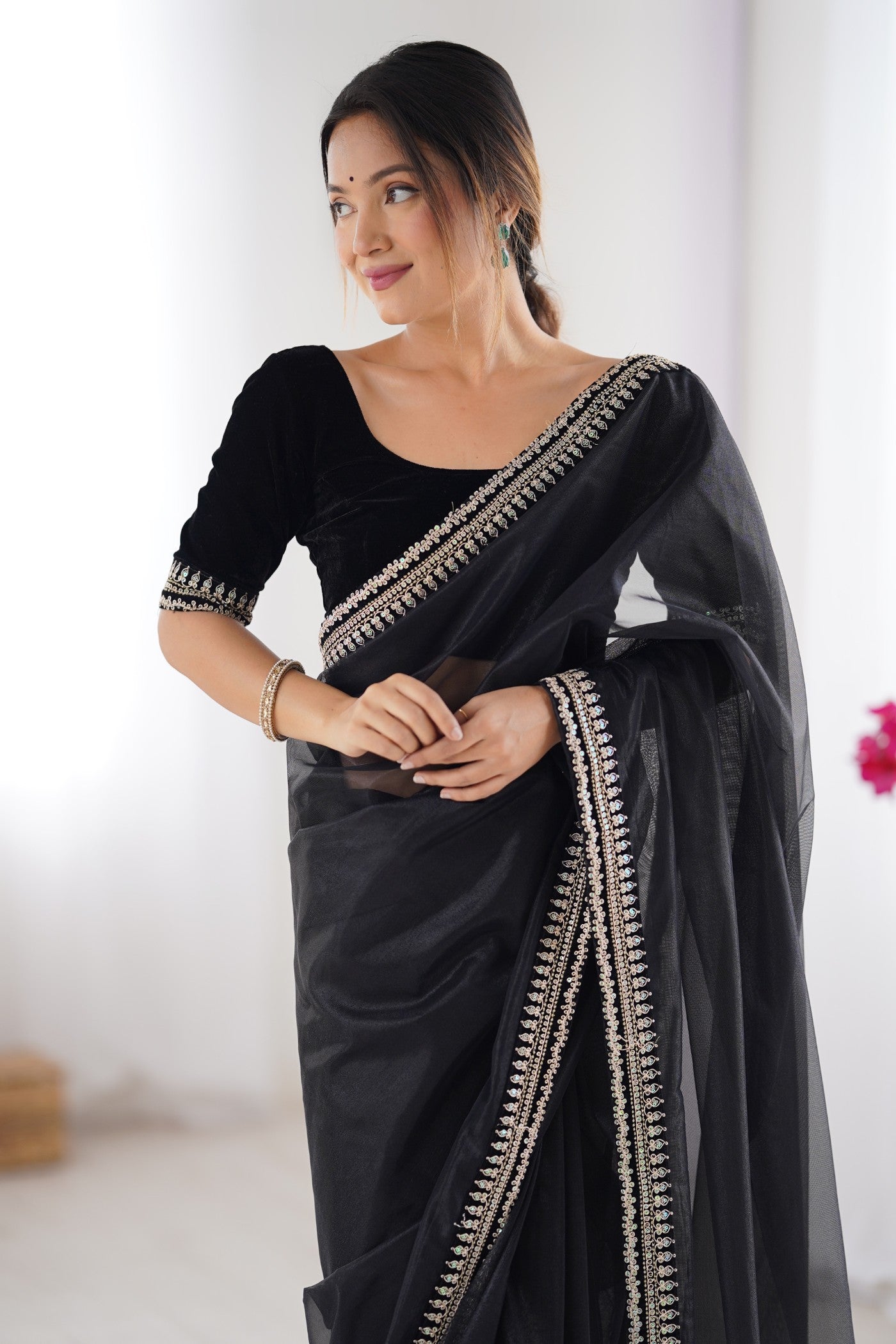 Buy MySilkLove Meatal Black Partywear Net Saree Online