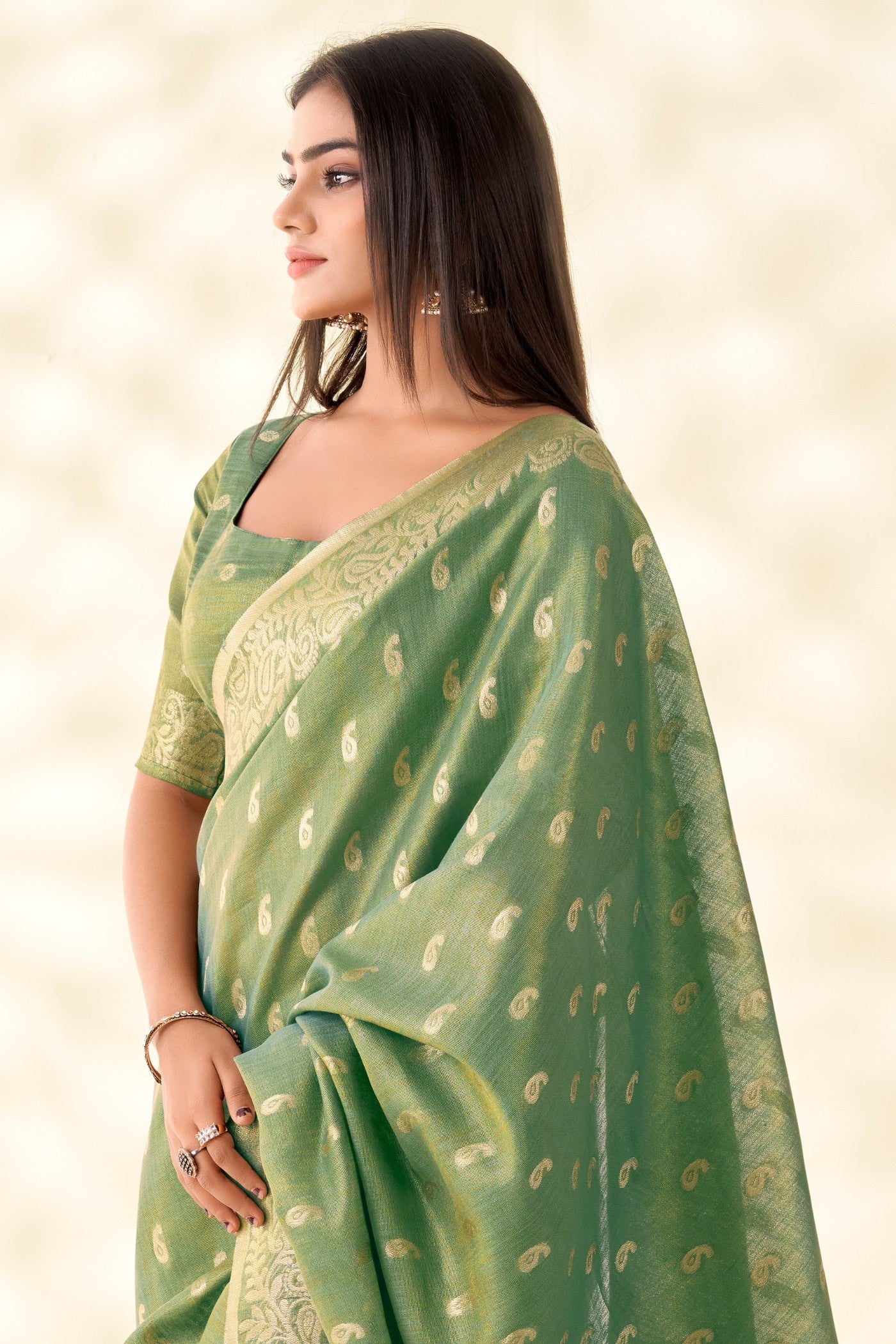 Buy MySilkLove Fern Green Woven Tissue Linen Saree Online