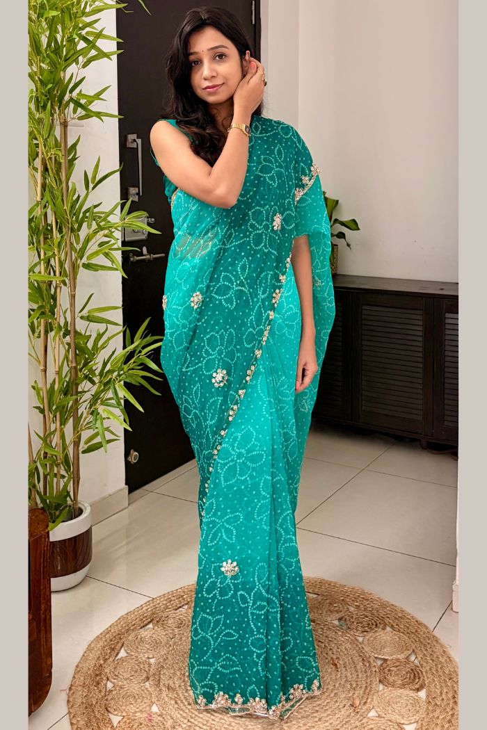 Buy MySilkLove Aqua Teal Georgette Chiffon Bead Work Saree Online