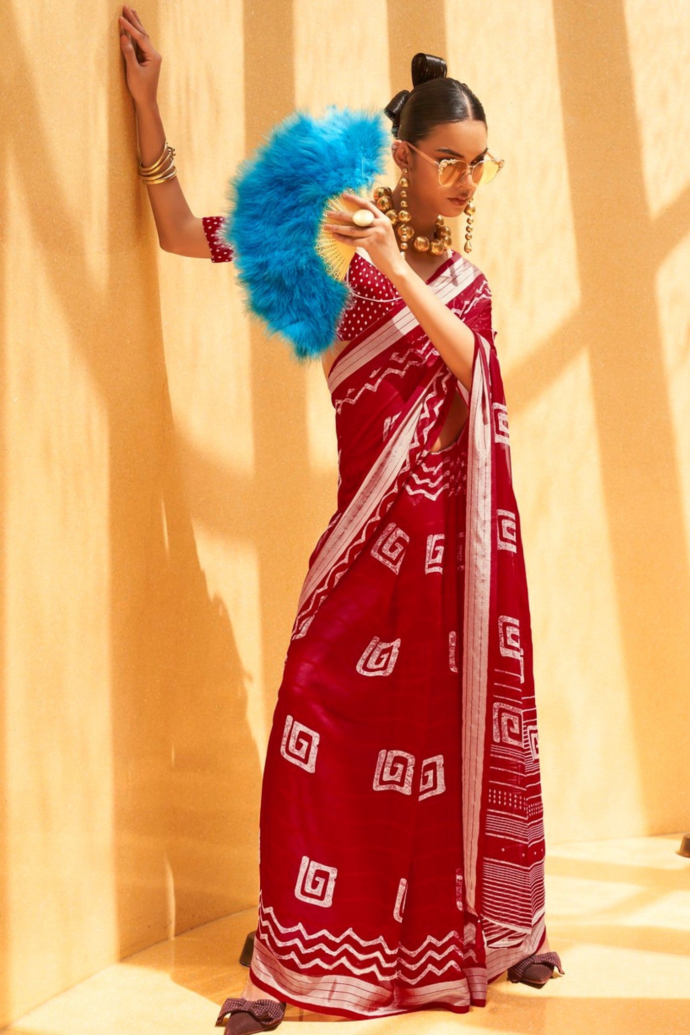 Buy MySilkLove Medium Carmine Red Georgette Printed Saree Online