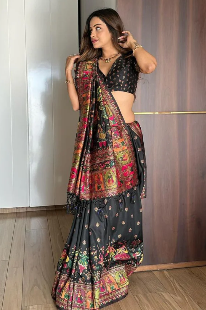 Buy MySilkLove Code Dark Black Kashmiri Woven Banarasi Silk Saree Online