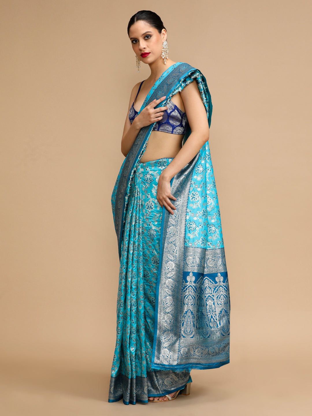 Buy MySilkLove Tiffany Blue Woven Jacquard Lichi Silk Saree Online