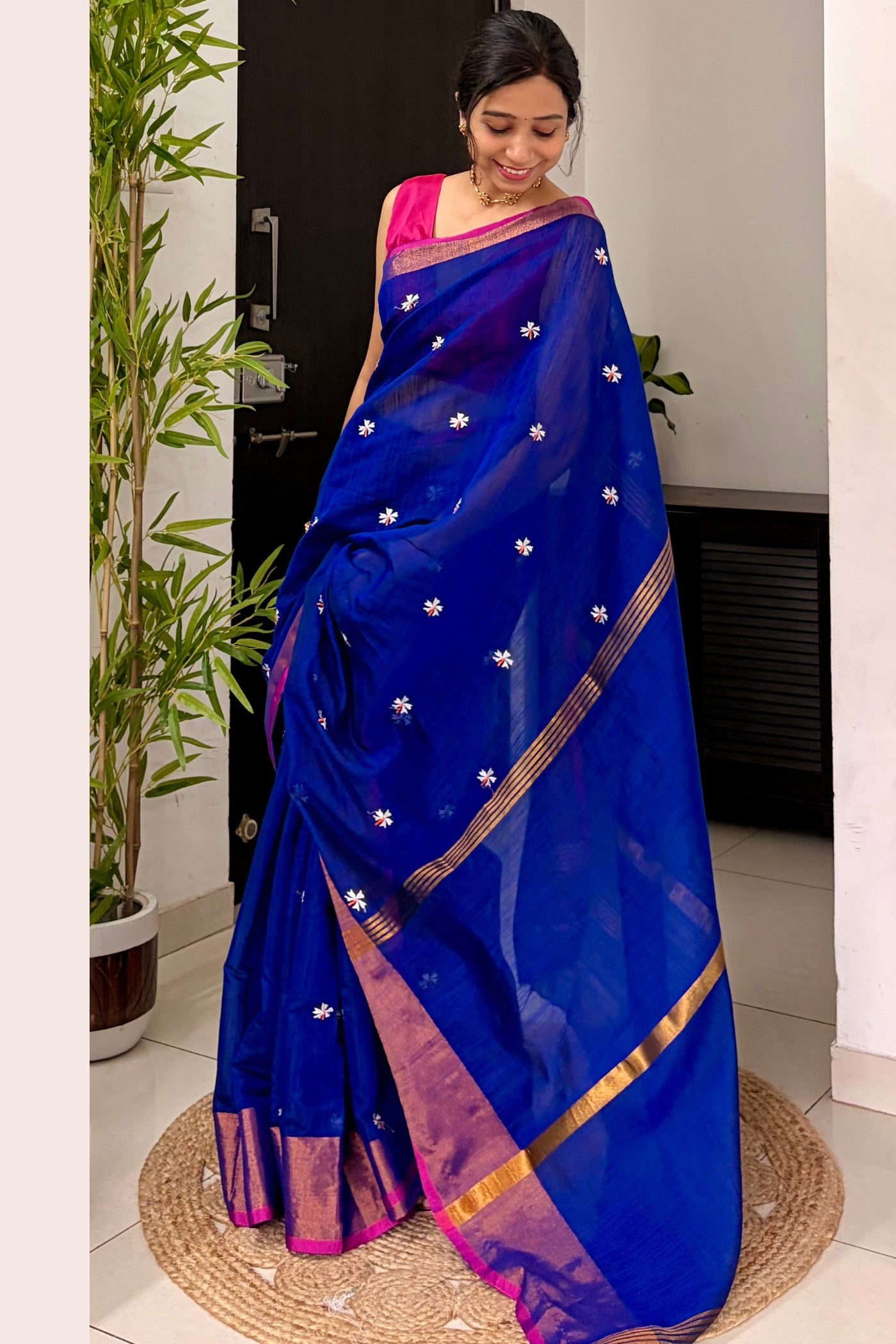 Buy MySilkLove Havelock Blue Handloom Cotton Prajakta Flower Butti Saree Online