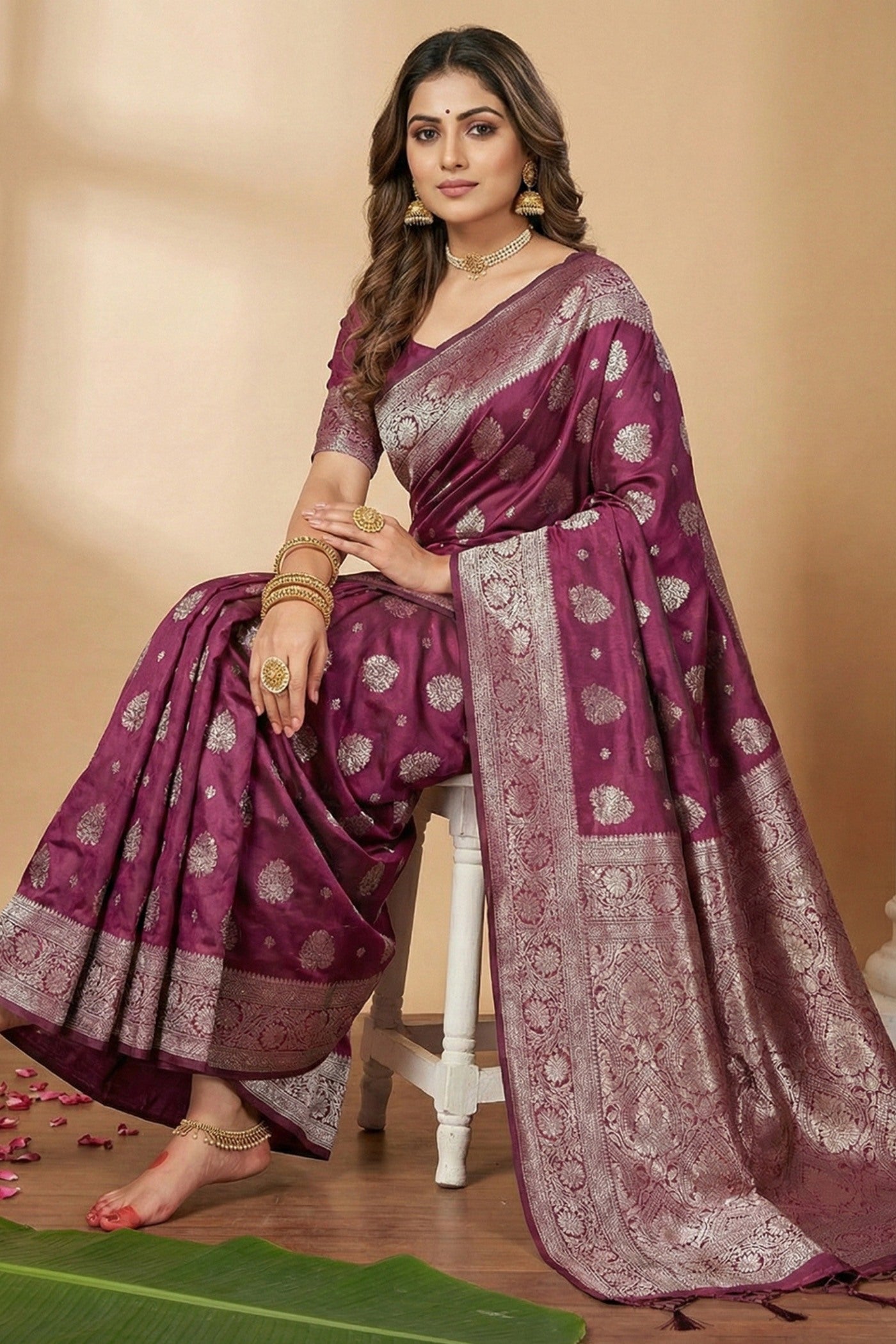 Buy MySilkLove Deep Purple Banarasi Woven Silk Saree Online