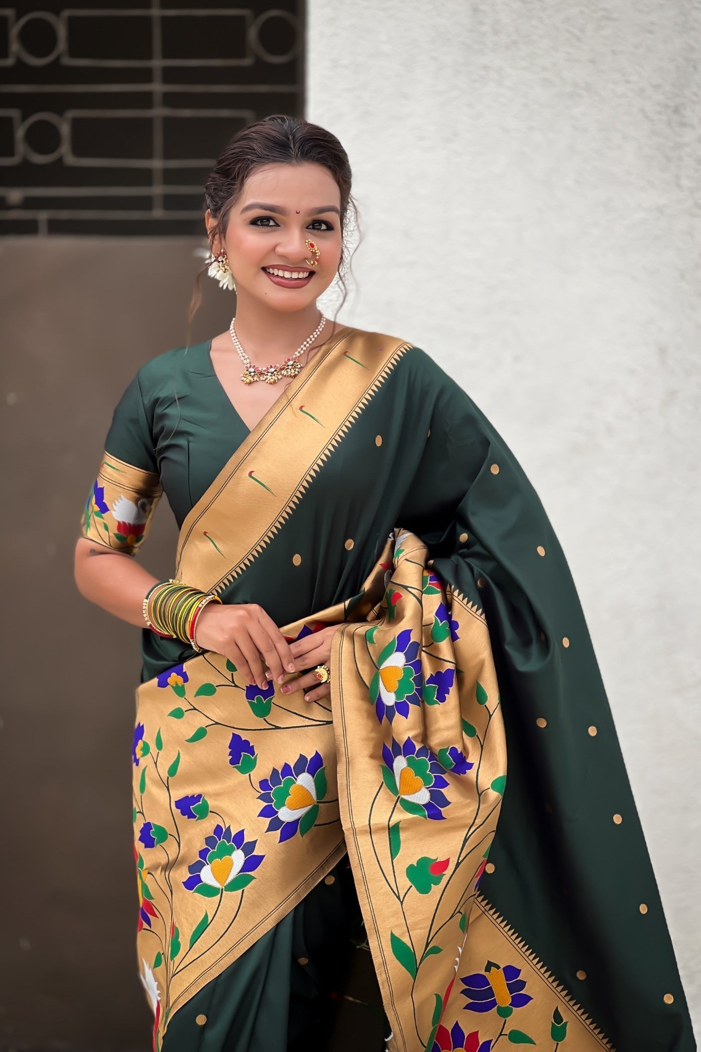 Buy MySilkLove Dark Green Woven Paithani Saree Online
