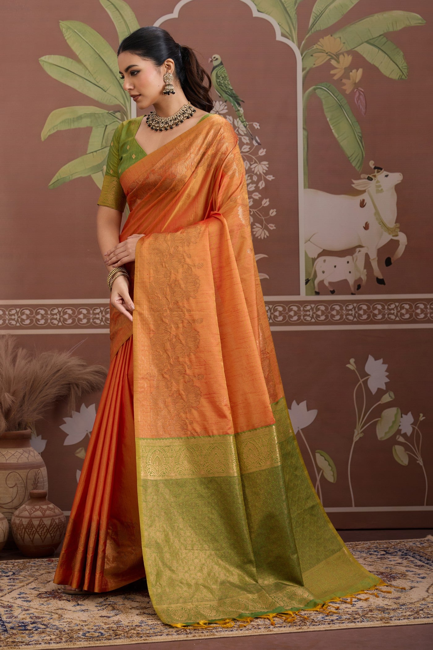 Buy MySilkLove Metallic Orange Banarasi Handloom Tussar Saree Online