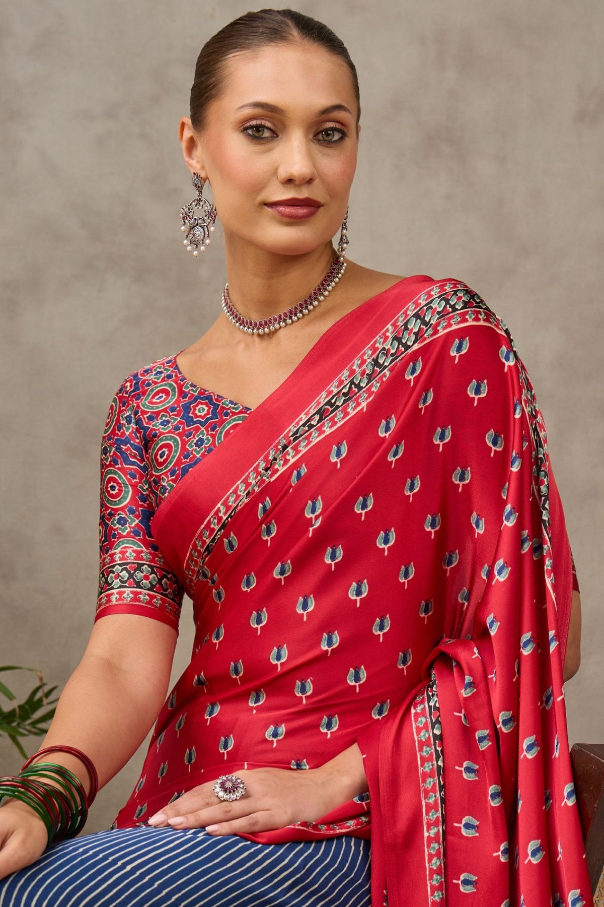 Buy MySilkLove Vermilion Red and Blue Modal Satin Printed Silk Saree Online