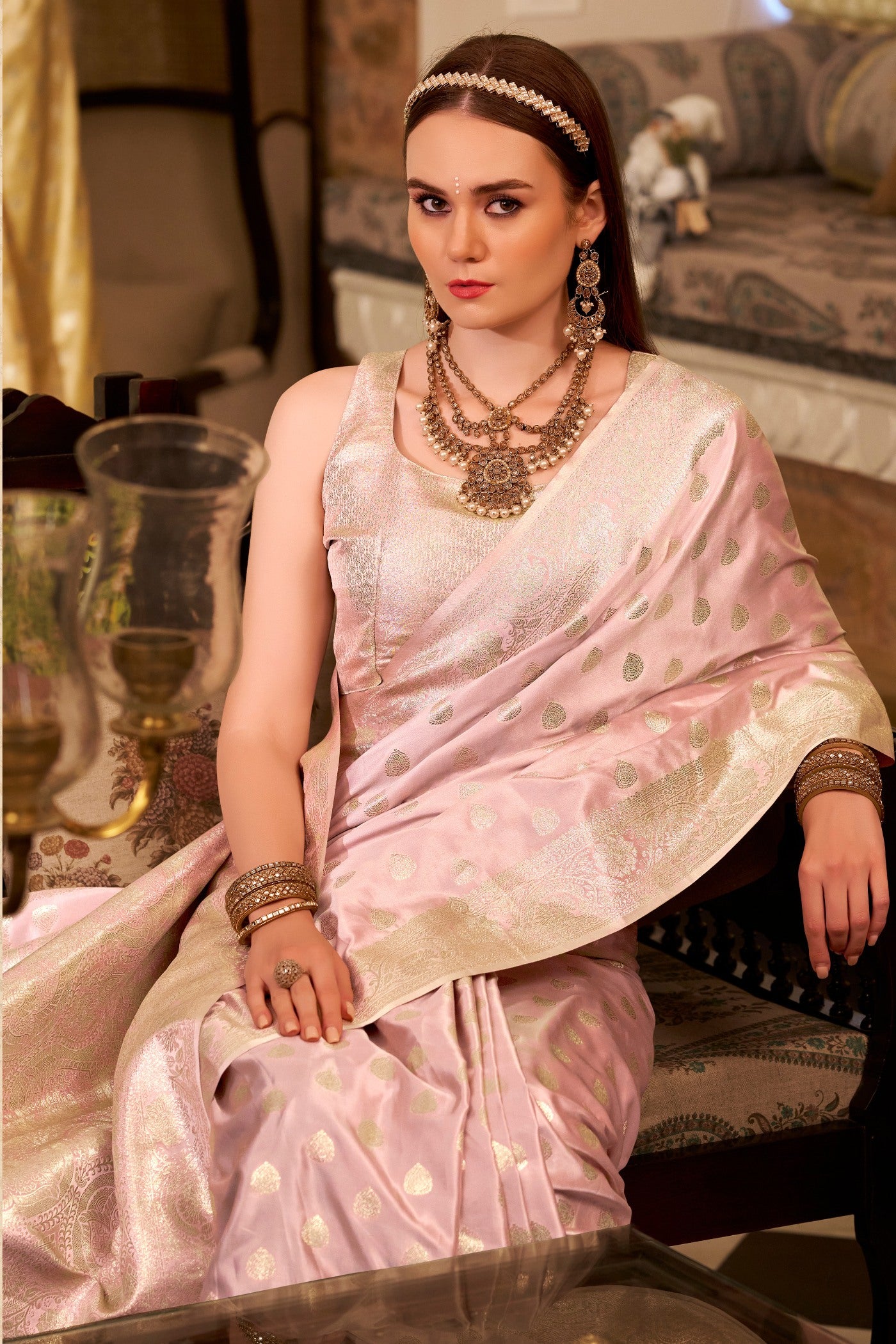 Buy MySilkLove Miller Pink Woven Banarasi Satin Soft Silk Saree Online
