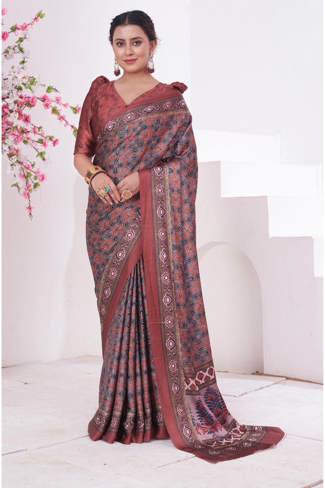 Buy MySilkLove Coral Tree Brown Ajrakh Printed Satin Crepe Saree Online