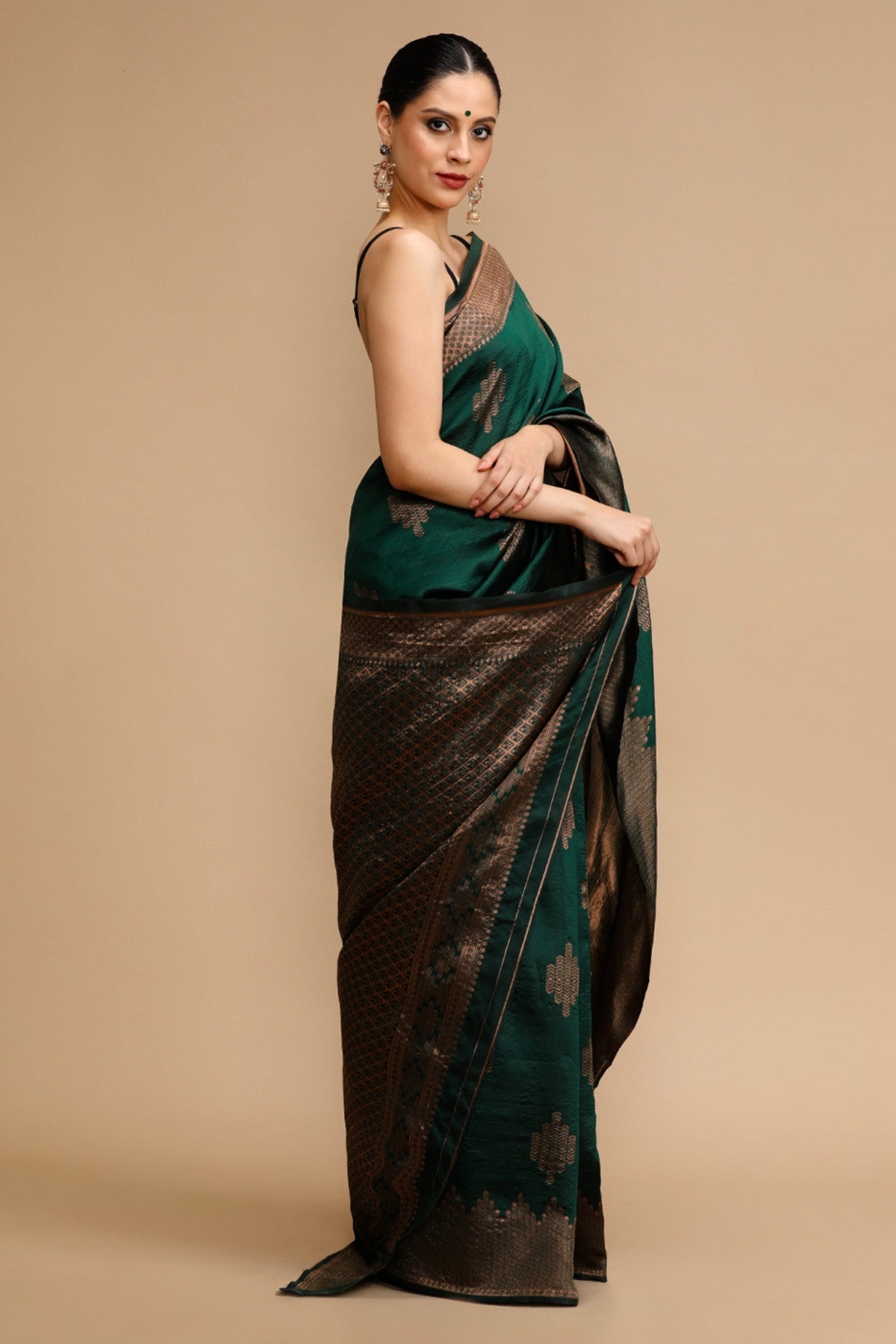 Buy MySilkLove Pine Green Woven Jacquard Lichi Silk Saree Online