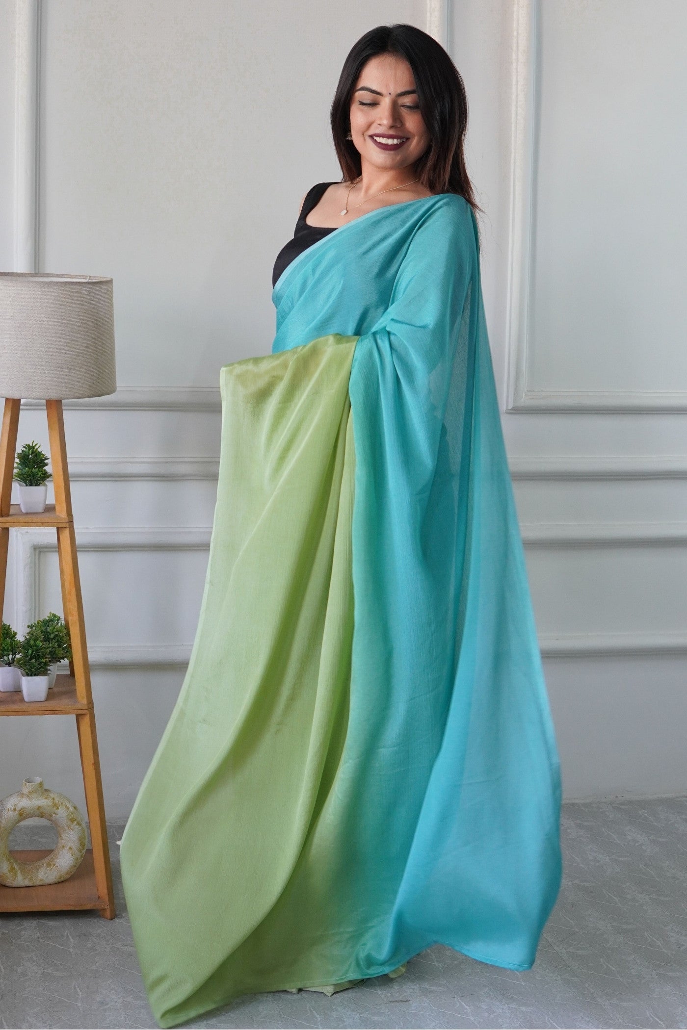 Buy MySilkLove Water Blue and Green Chinon Ready To Wear Saree Online