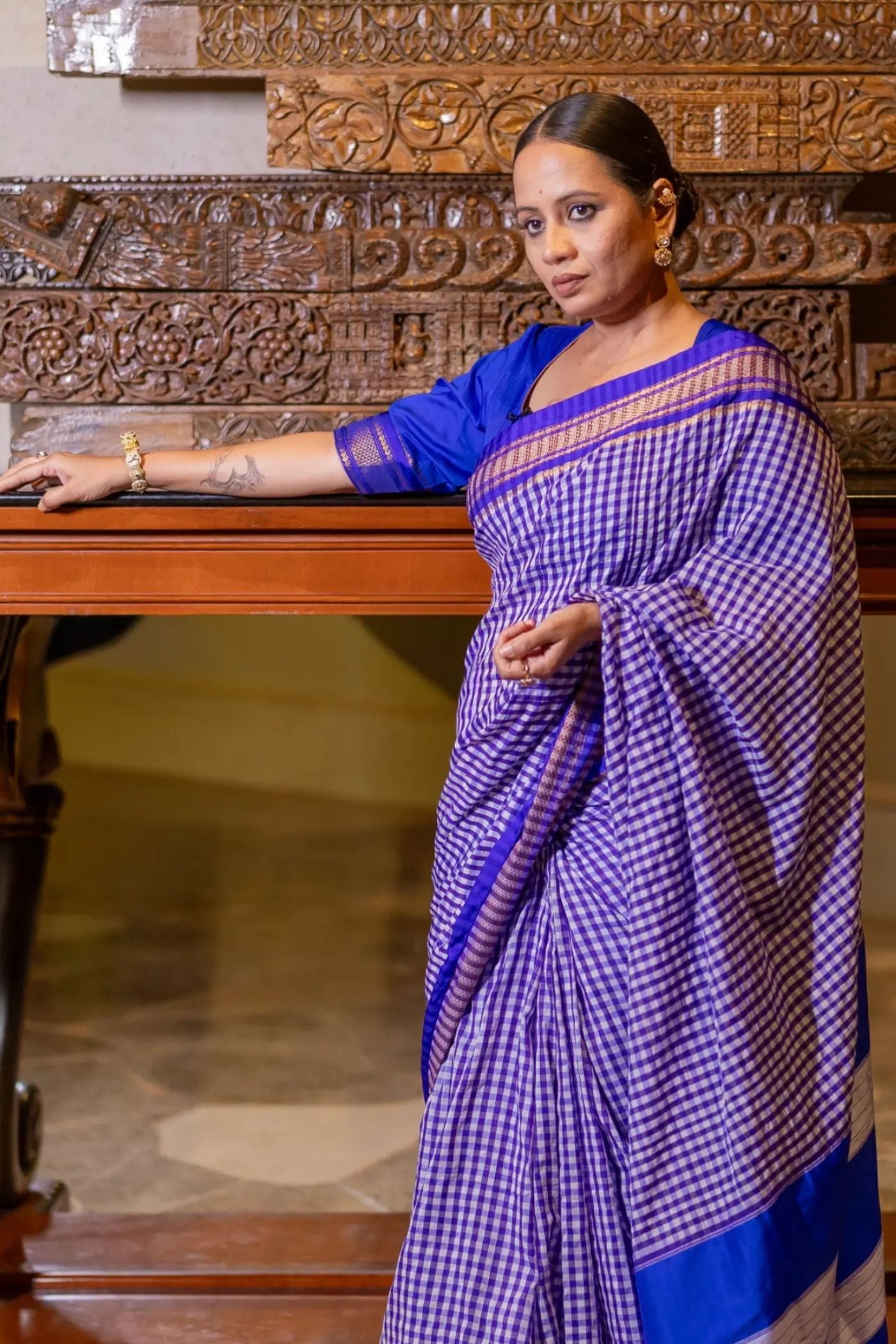 Buy MySilkLove Bondi Blue Checks Pattern Pure Silk Irkal Saree Online