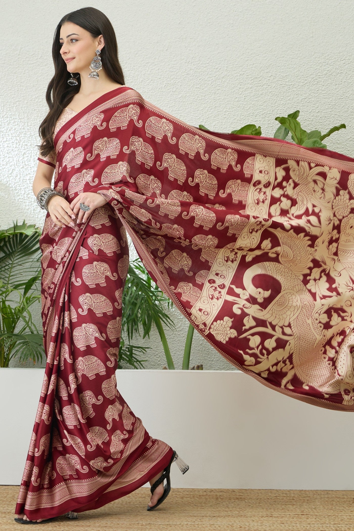 Buy MySilkLove Luxury Marron Ajrakh Printed Satin Crepe Silk Saree Online