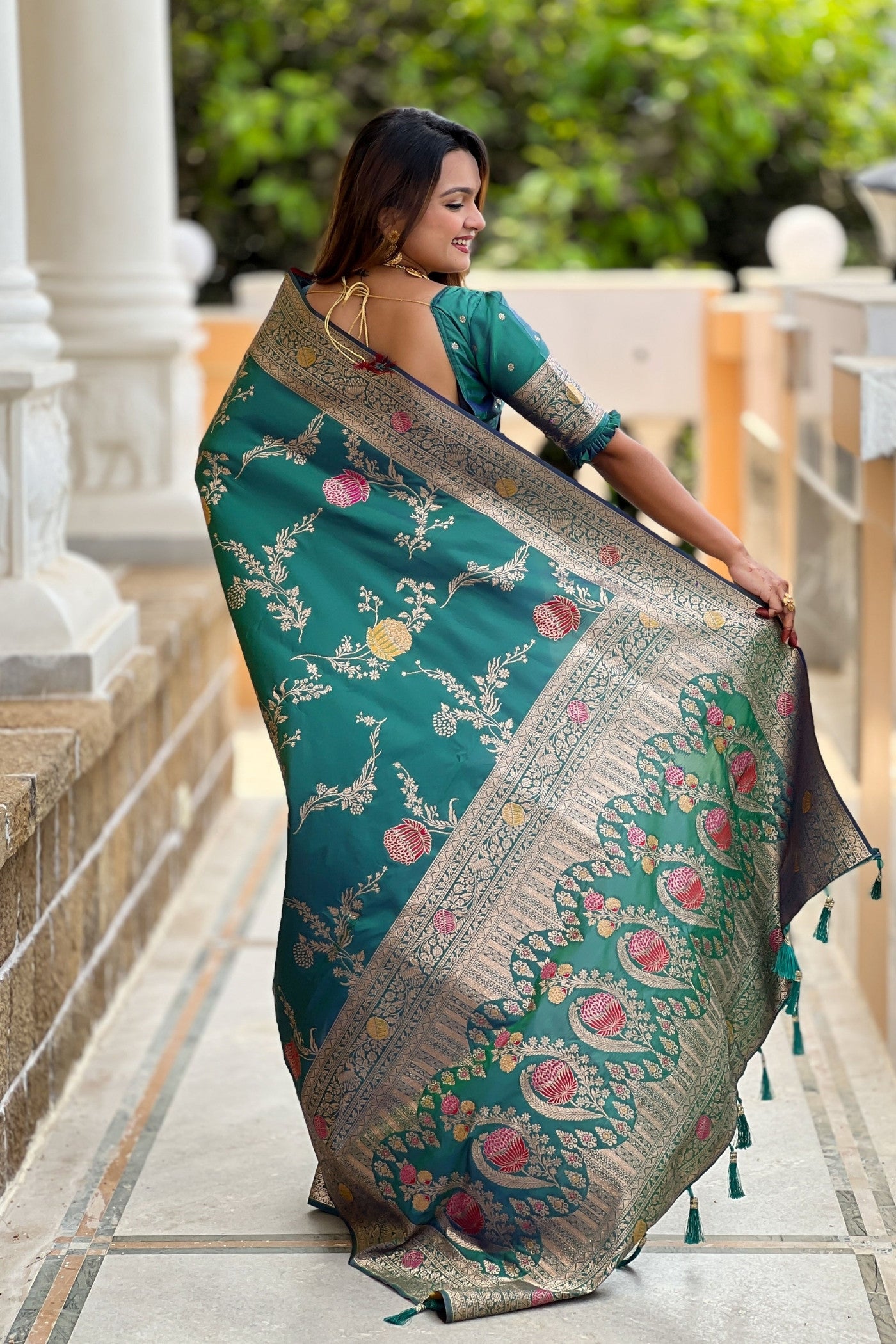 Buy MySilkLove Rama Blue Woven Banarasi Saree Online