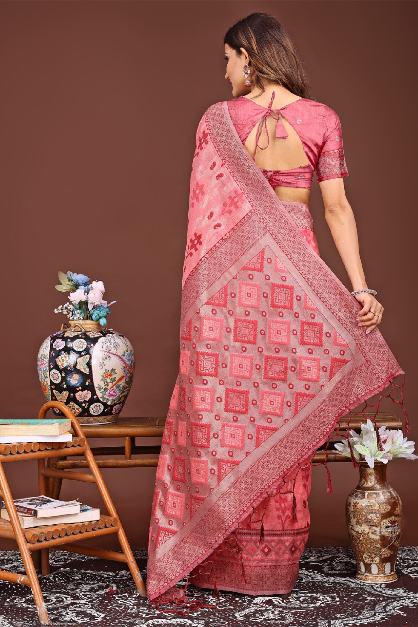 Buy MySilkLove Deep Peach Woven Linen Cotton Saree Online