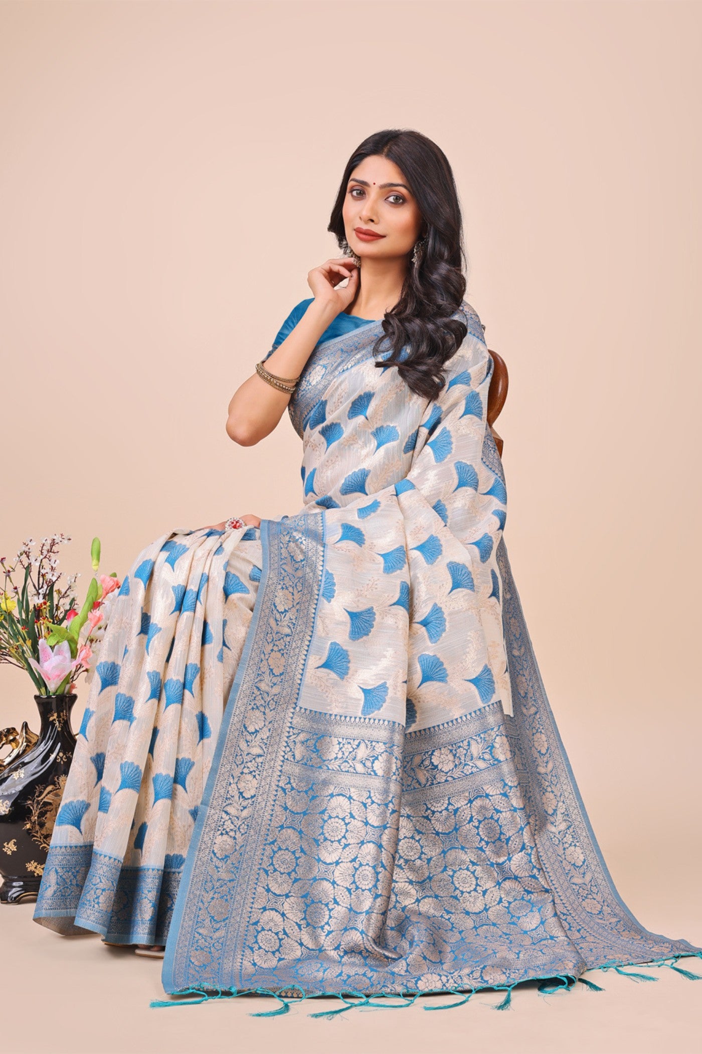 Buy MySilkLove Ice White and Blue Linen Cotton Saree Online