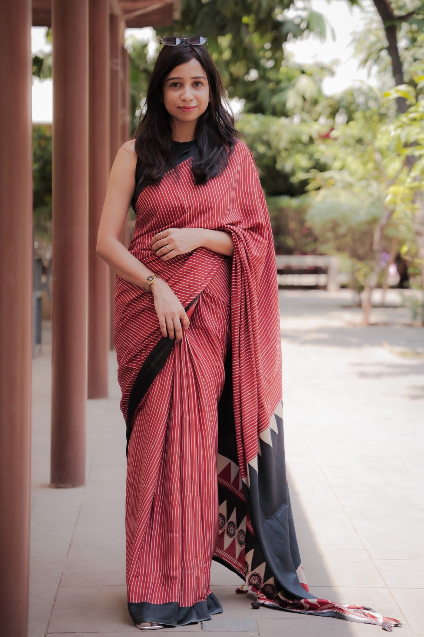 Buy MySilkLove Dark Chestnut Red Ajrakh Printed Satin Crepe Silk Saree Online