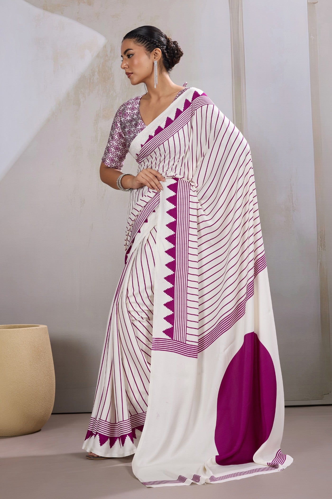 Buy MySilkLove Warm White and Purple Ajrakh Printed Satin Crepe Silk Saree Online