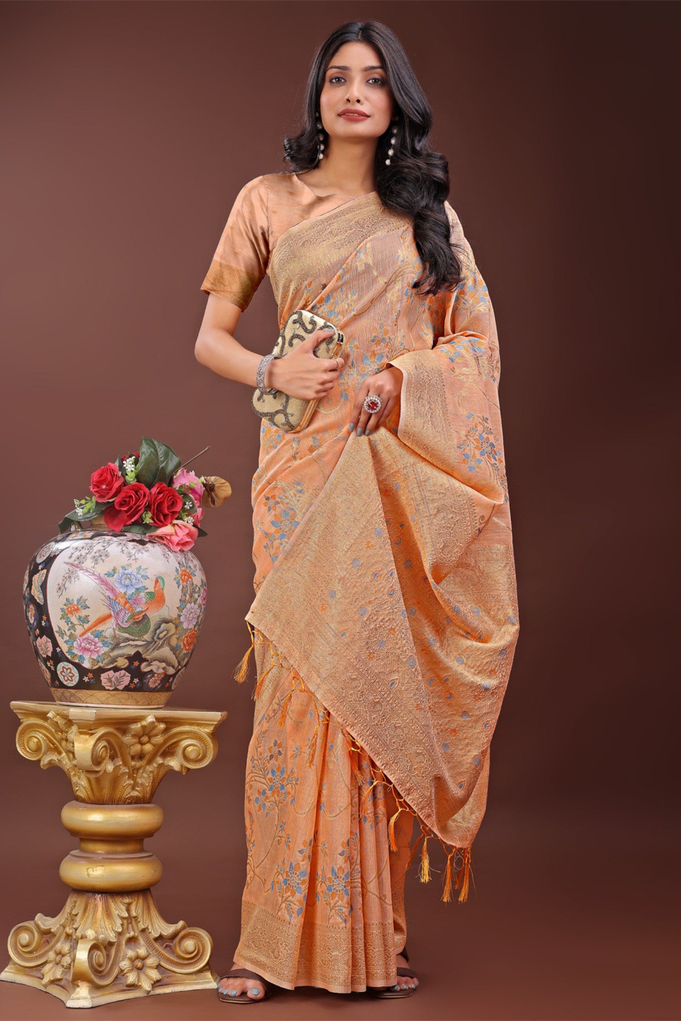 Buy MySilkLove Rustic Orange Linen Cotton Saree Online