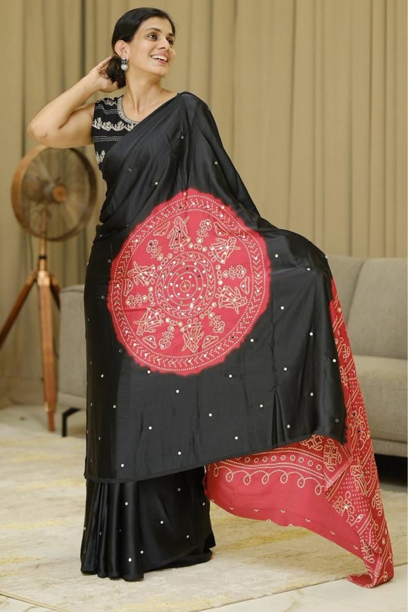 Buy MySilkLove Dark Majesty Black and Red Gaji Bandej Soft Silk Saree Online