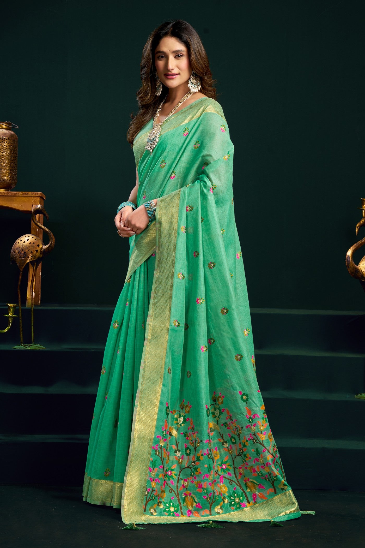 Buy MySilkLove Myrtle Green Handloom Muga Cotton Saree Online