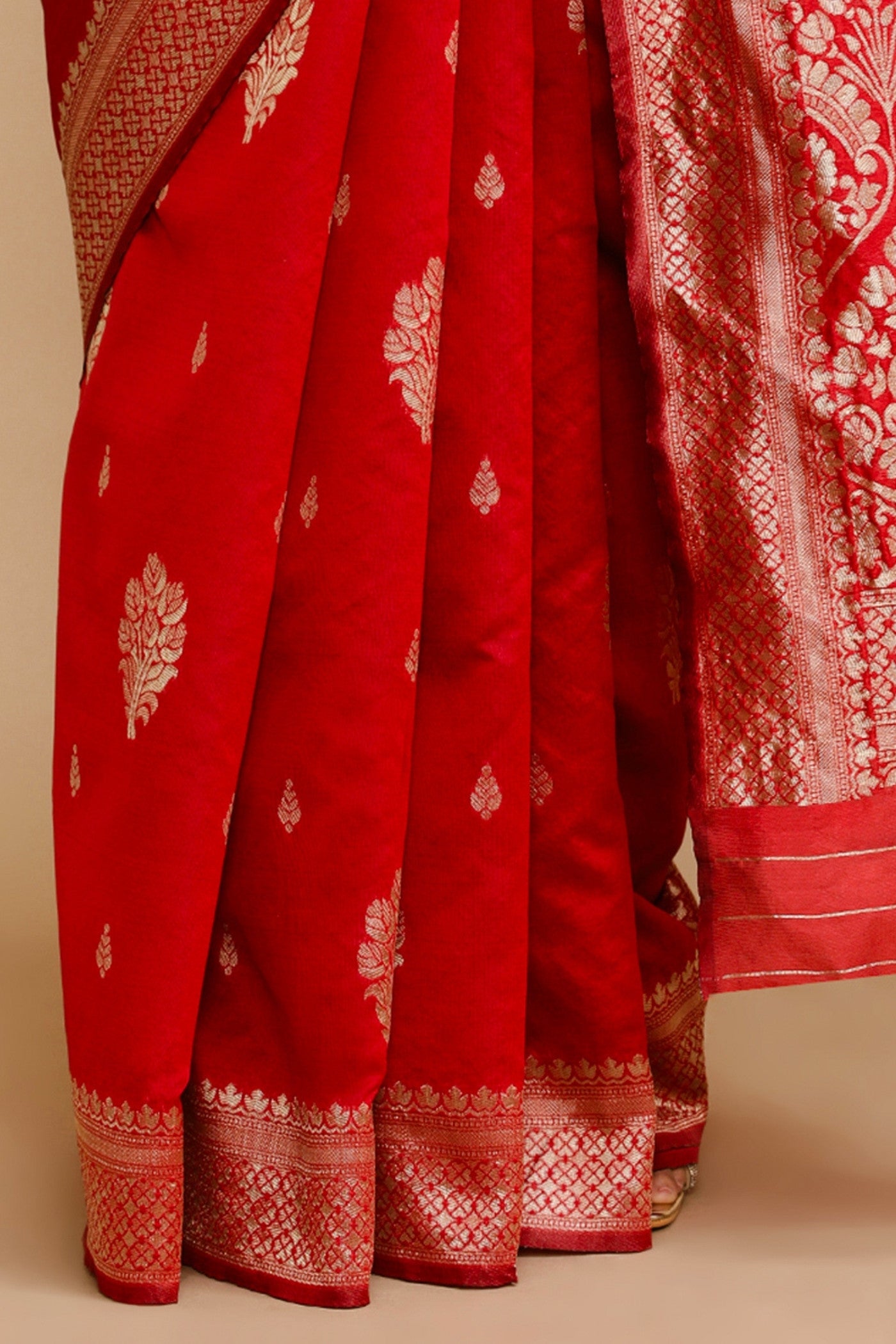 Buy MySilkLove Coral Red Woven Jacquard Lichi Silk Saree Online