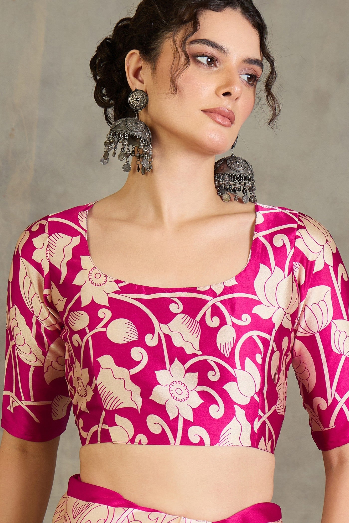 Buy MySilkLove Paradise Pink Kalamkari Printed Satin Silk Saree Online