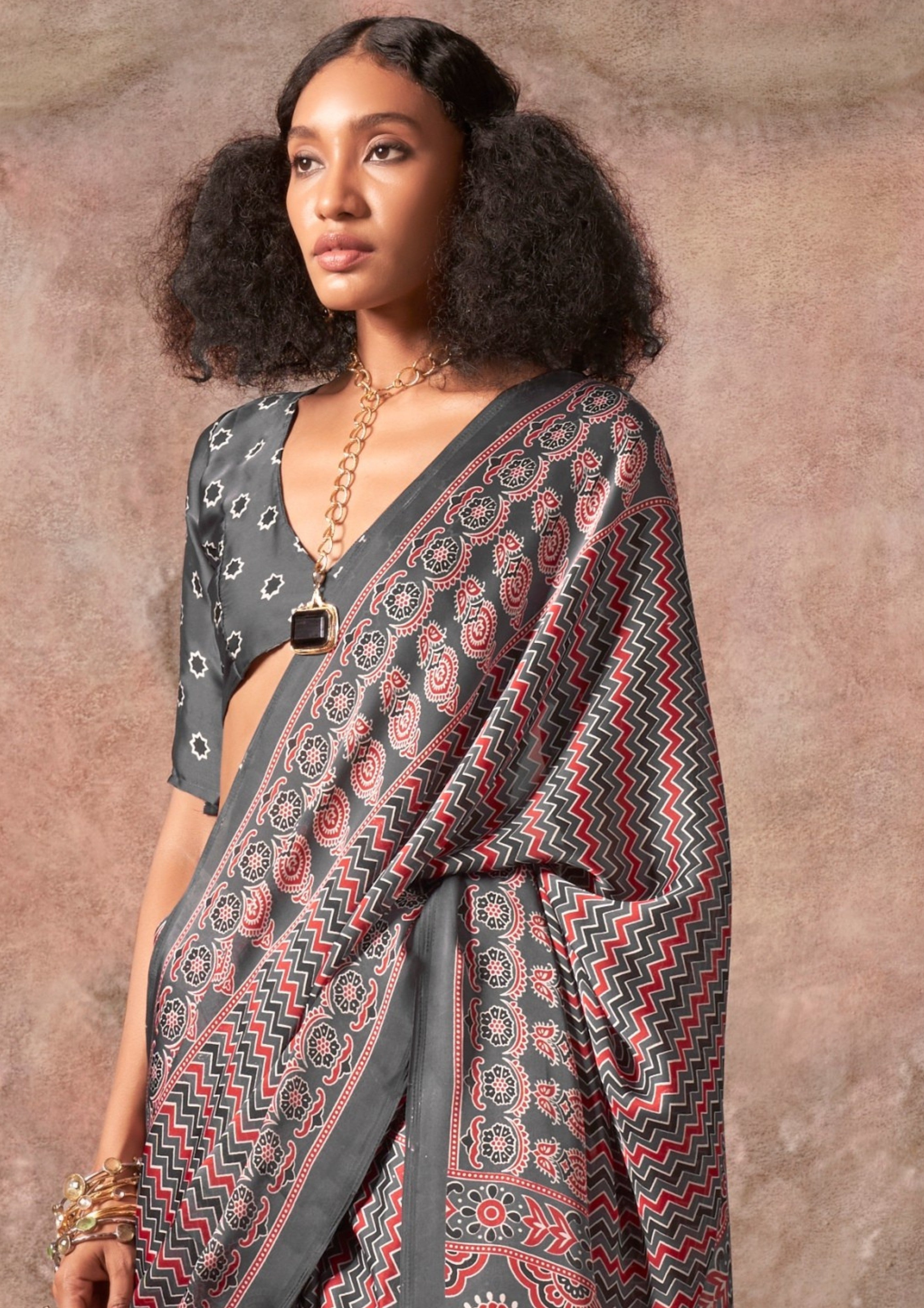 Buy MySilkLove Taupe Grey Ajrakh Printed Satin Georgette Silk Saree Online