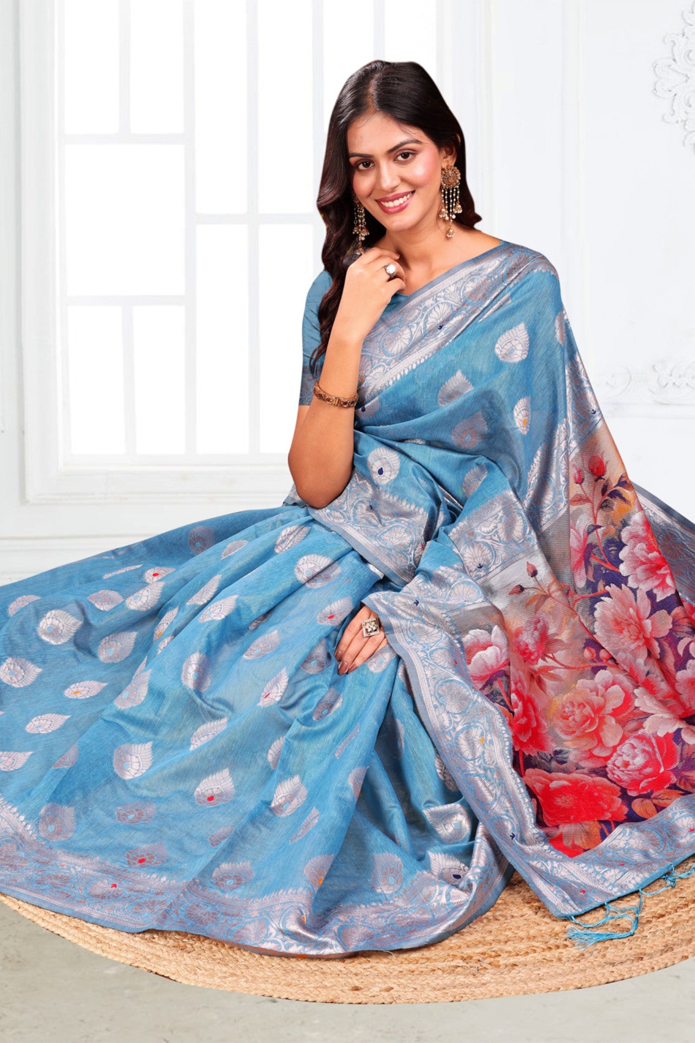 Buy MySilkLove Swiming Blue Woven Linen Cotton Saree Online