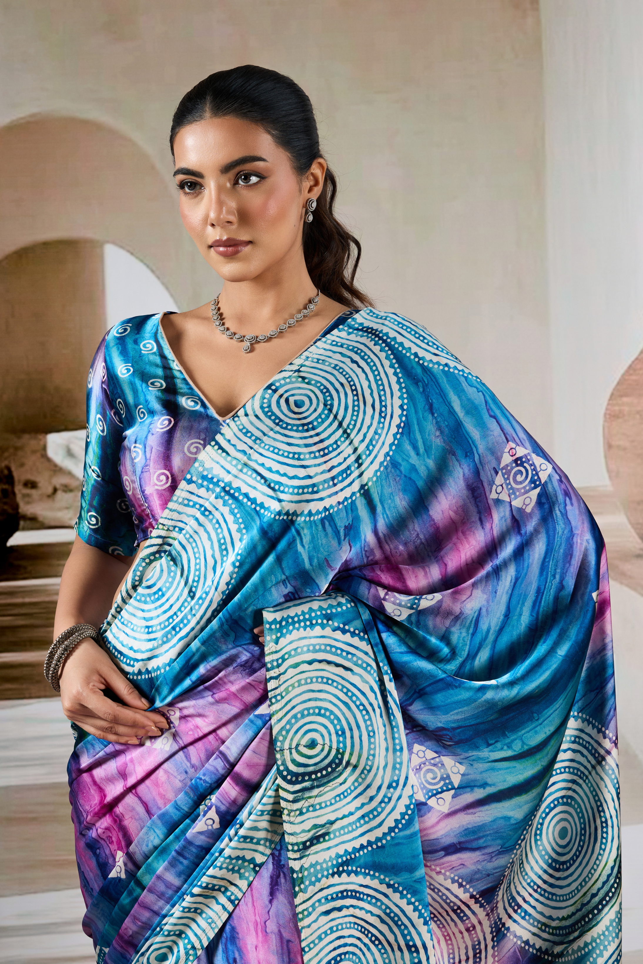 Buy MySilkLove Periwinkle Blue Modal Satin Hand Prism Print Saree Online