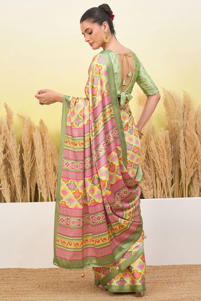 Buy MySilkLove Olive Green and Cream Modal Satin Printed Silk Saree Online