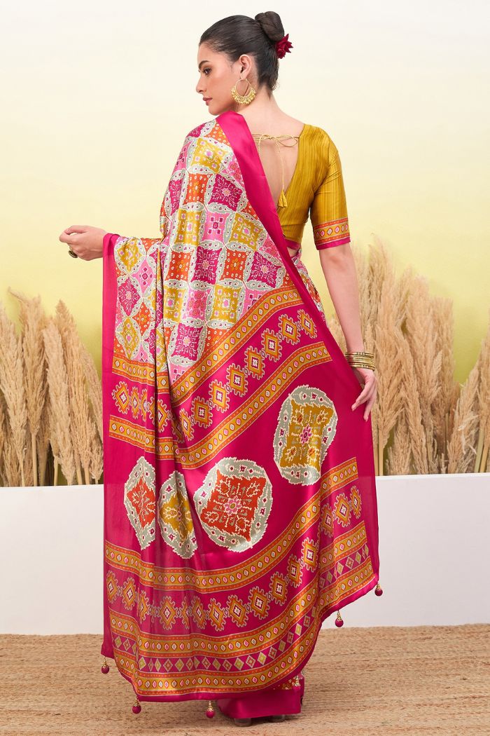 Buy MySilkLove Watermelon Pink Patola Printed Satin Crepe Silk Saree Online