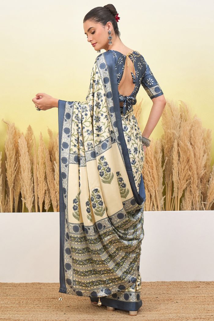 Buy MySilkLove Rice Cream and Blue Modal Satin Printed Silk Saree Online