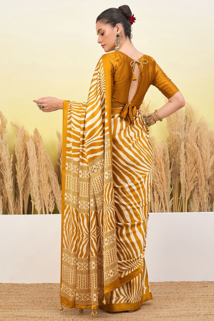 Buy MySilkLove Mustard Yellow Modal Ajrakh Satin Printed Silk Saree Online
