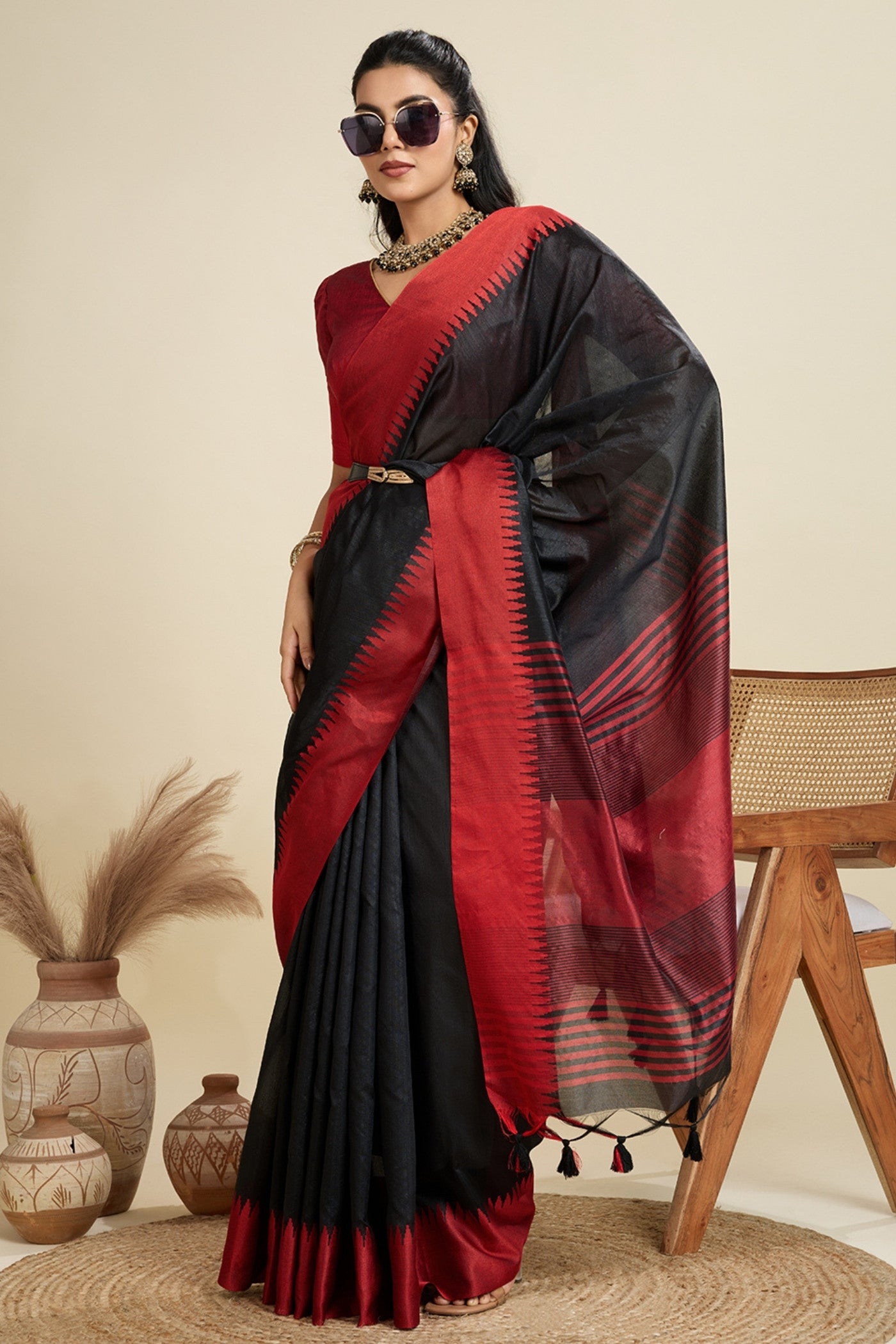 Buy MySilkLove Matte Black Woven Raw Silk Saree Online